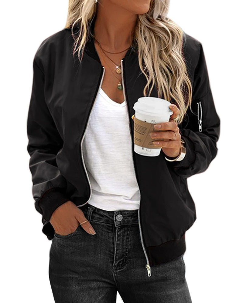 Women's Classic Bomber Jacket Casual Coat Zip Up Outerwear Windbreaker with Pockets - Zeagoo (Us Only)