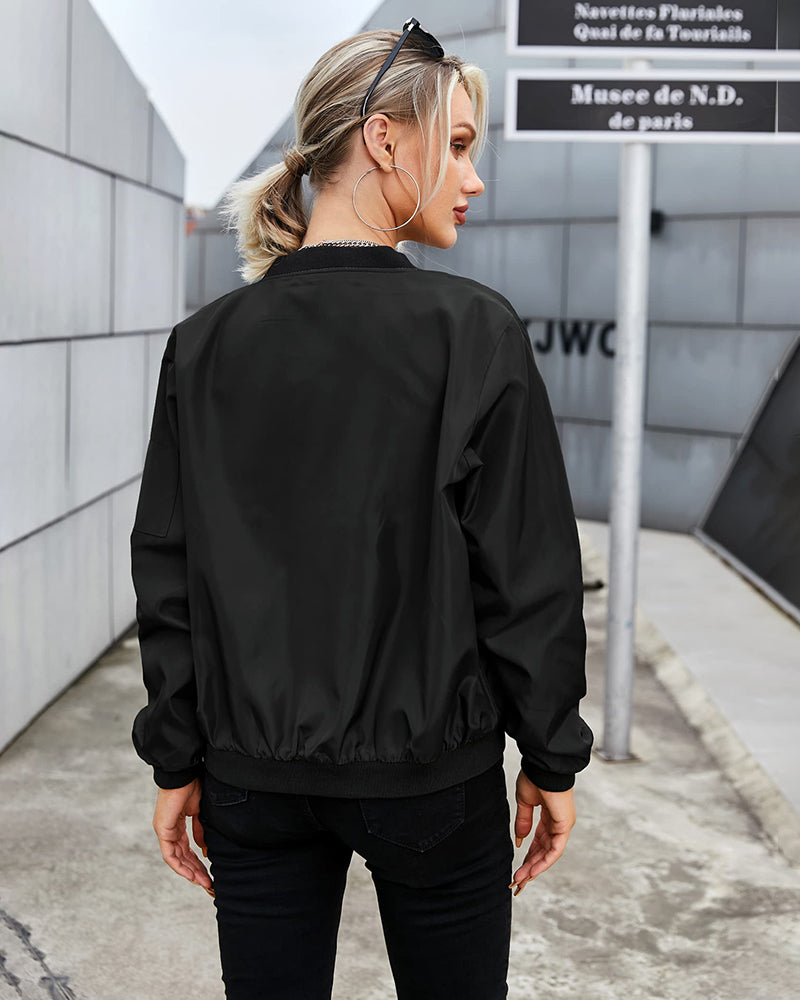 Women's Classic Bomber Jacket Casual Coat Zip Up Outerwear Windbreaker with Pockets - Zeagoo (Us Only)