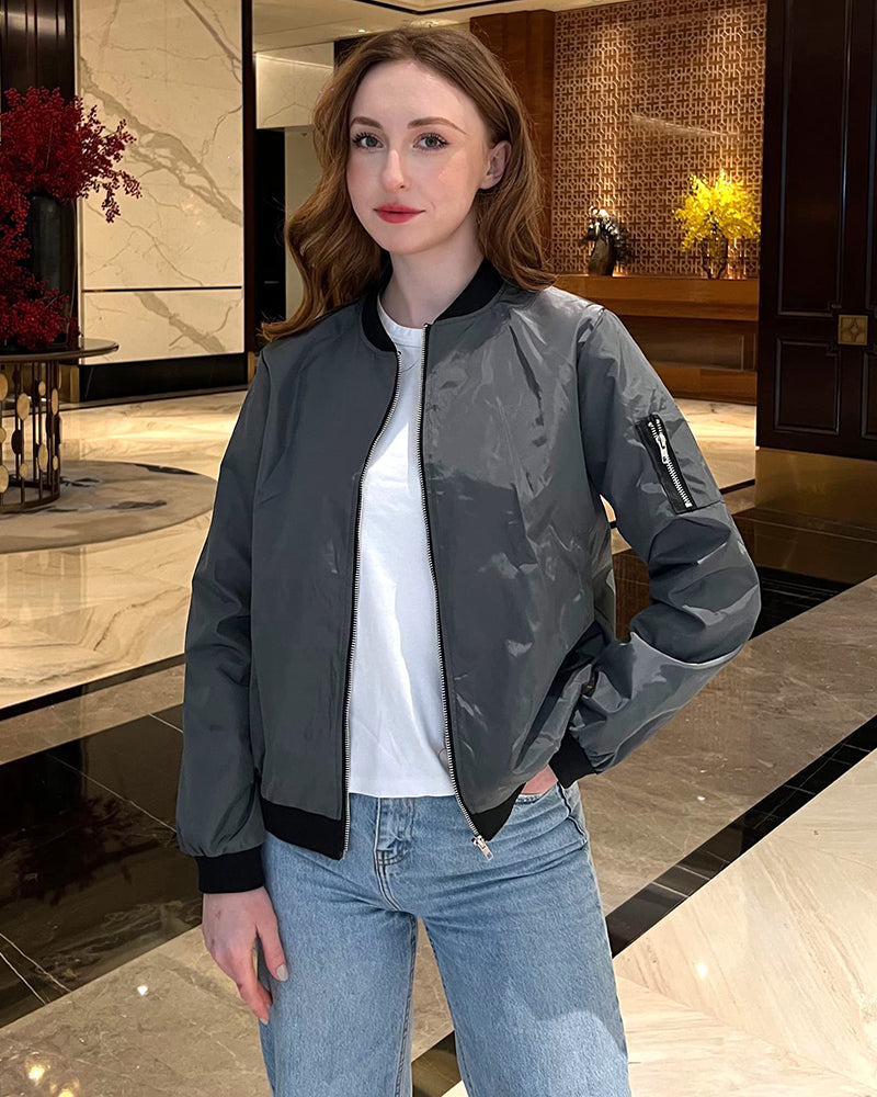 Women's Classic Bomber Jacket Casual Coat Zip Up Outerwear Windbreaker with Pockets - Zeagoo (Us Only)