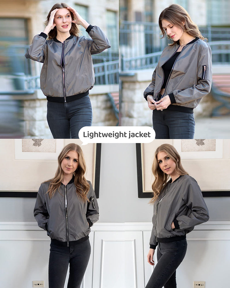 Women's Classic Bomber Jacket Casual Coat Zip Up Outerwear Windbreaker with Pockets - Zeagoo (Us Only)
