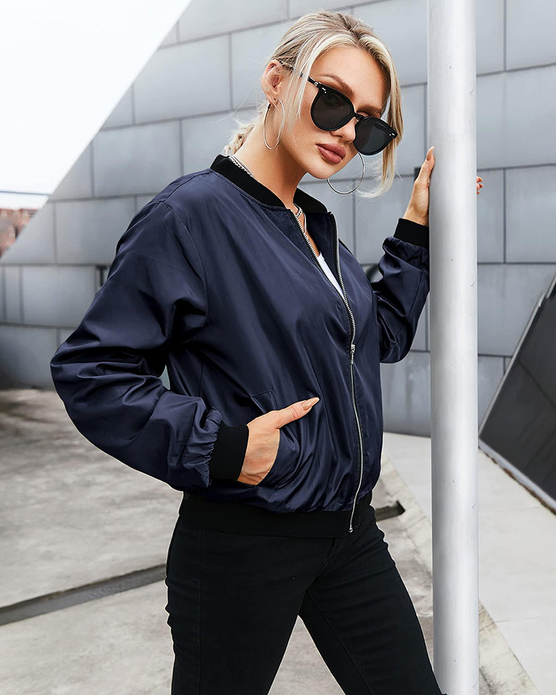 Women's Classic Bomber Jacket Casual Coat Zip Up Outerwear Windbreaker with Pockets - Zeagoo (Us Only)