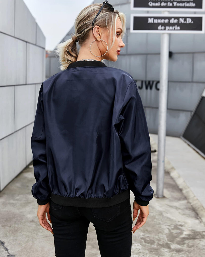 Women's Classic Bomber Jacket Casual Coat Zip Up Outerwear Windbreaker with Pockets - Zeagoo (Us Only)