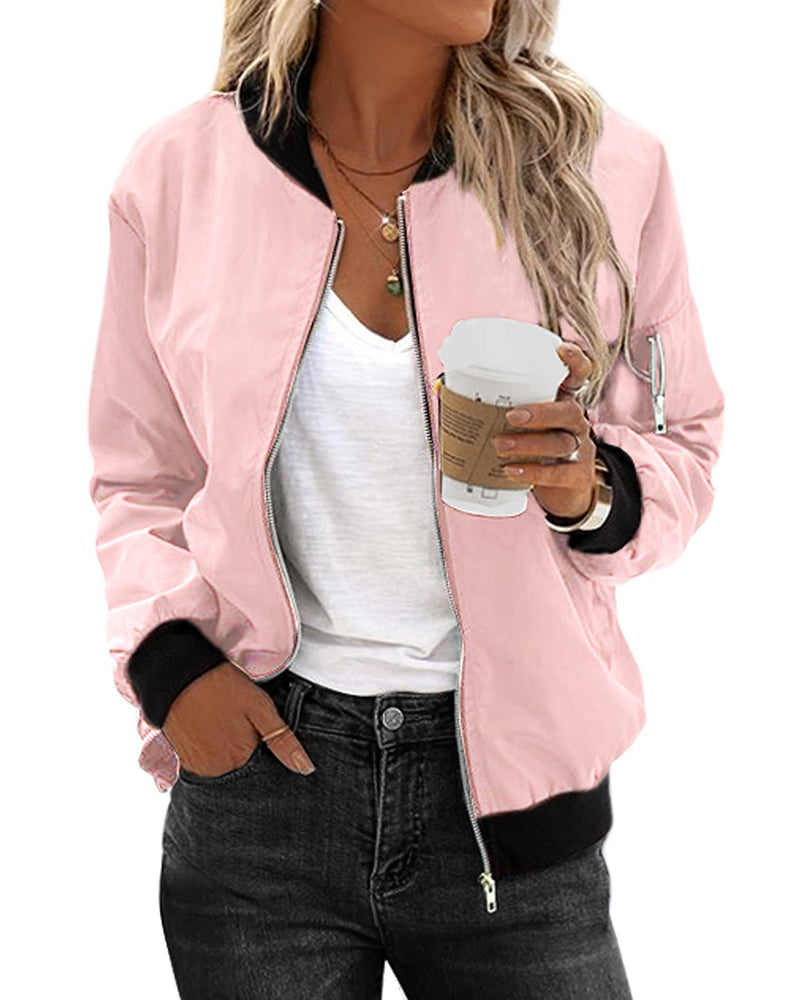 Women's Classic Bomber Jacket Casual Coat Zip Up Outerwear Windbreaker with Pockets - Zeagoo (Us Only)