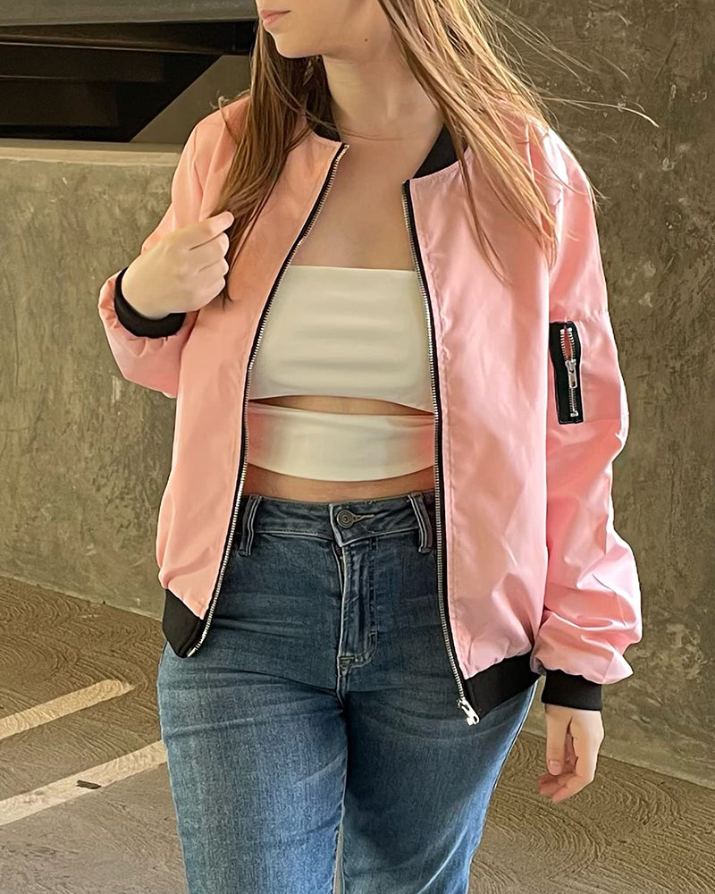 Women's Classic Bomber Jacket Casual Coat Zip Up Outerwear Windbreaker with Pockets - Zeagoo (Us Only)