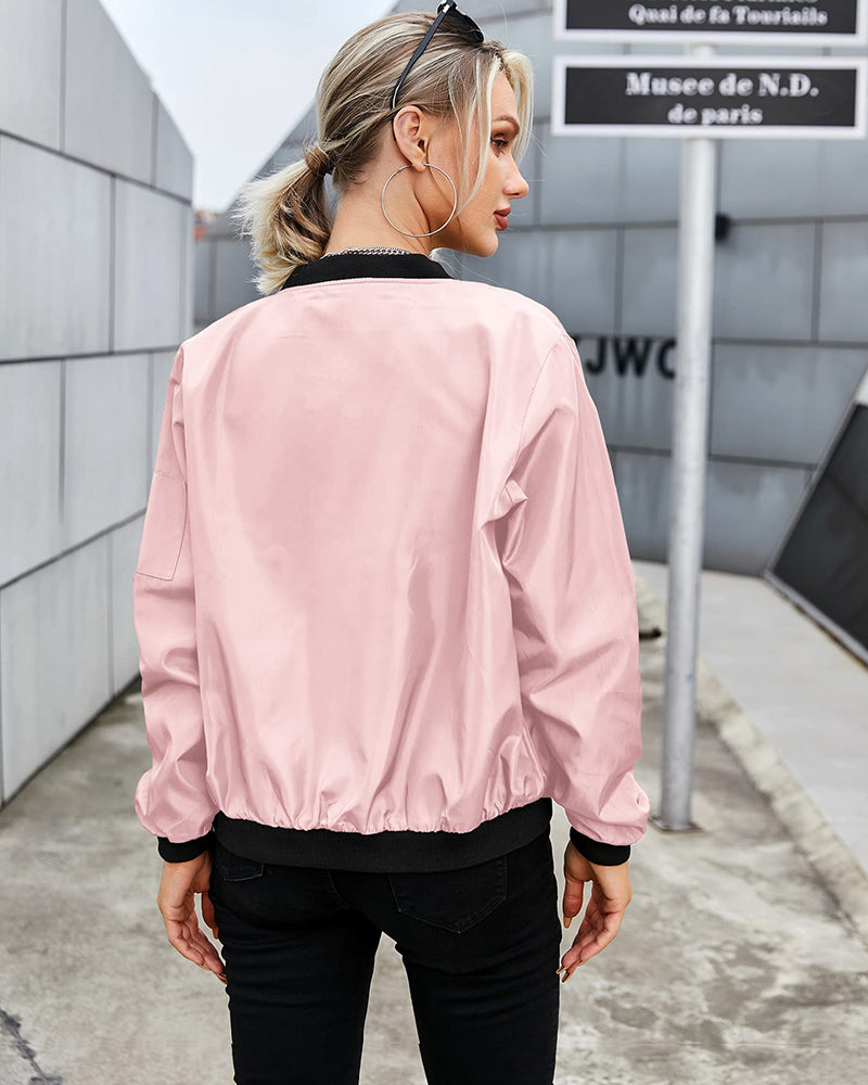 Women's Classic Bomber Jacket Casual Coat Zip Up Outerwear Windbreaker with Pockets - Zeagoo (Us Only)