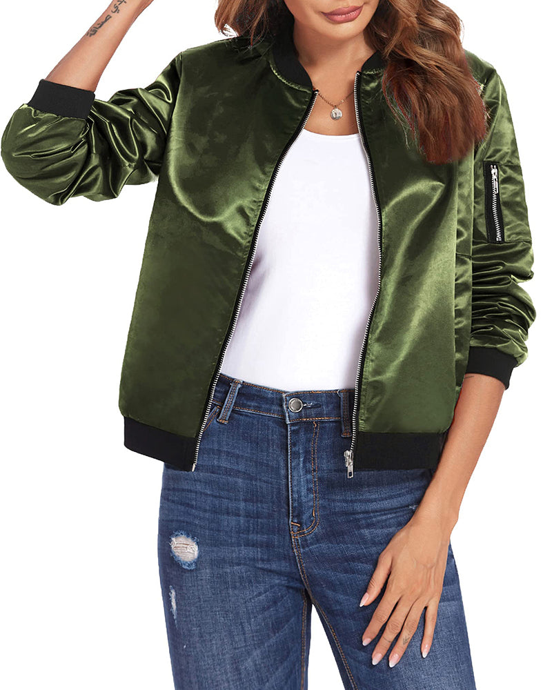 Women's Classic Bomber Jacket Casual Coat Zip Up Outerwear Windbreaker with Pockets - Zeagoo (Us Only)