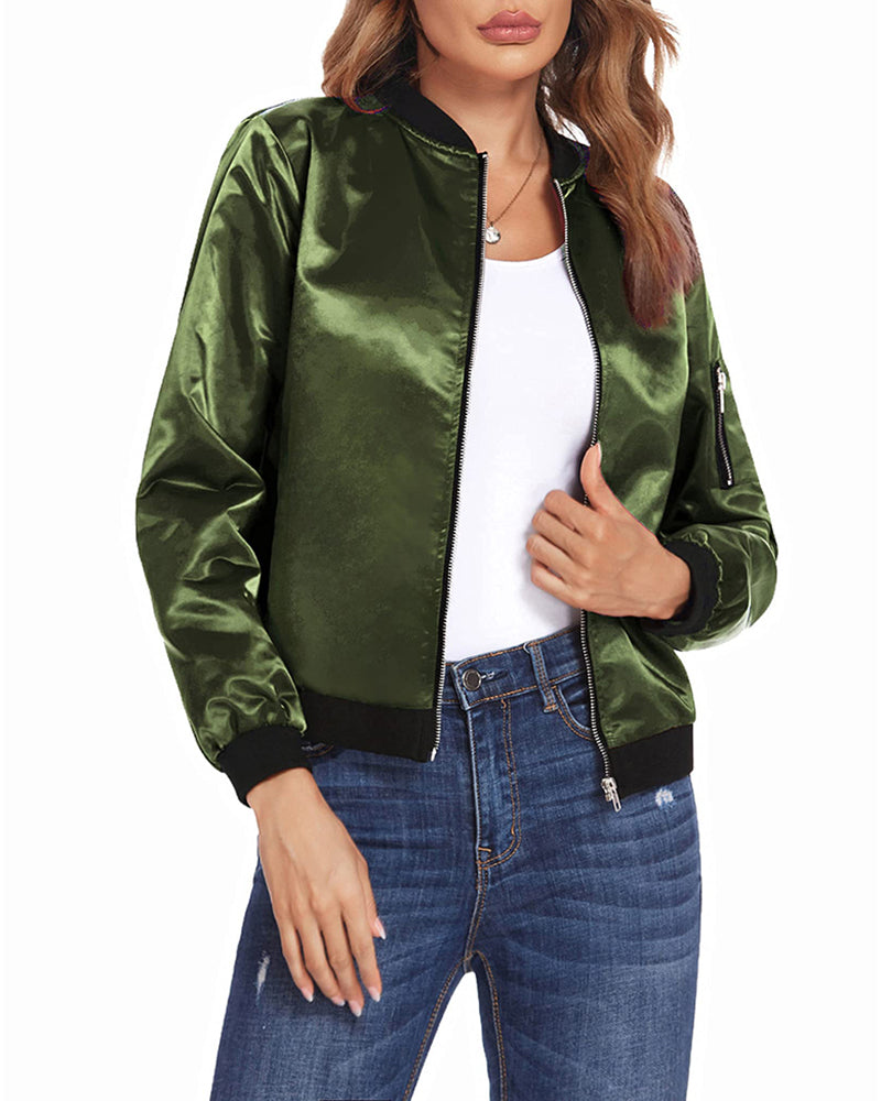 Women's Classic Bomber Jacket Casual Coat Zip Up Outerwear Windbreaker with Pockets - Zeagoo (Us Only)
