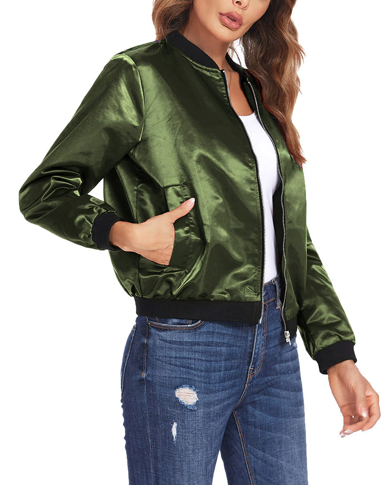 Women's Classic Bomber Jacket Casual Coat Zip Up Outerwear Windbreaker with Pockets - Zeagoo (Us Only)