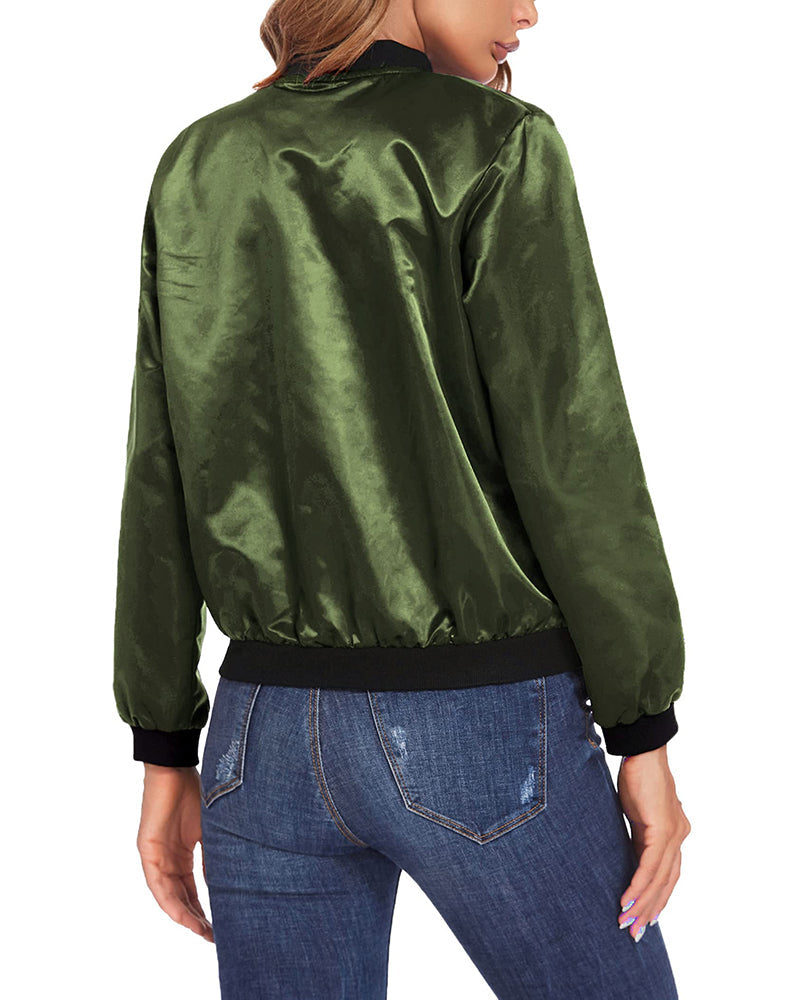 Women's Classic Bomber Jacket Casual Coat Zip Up Outerwear Windbreaker with Pockets - Zeagoo (Us Only)