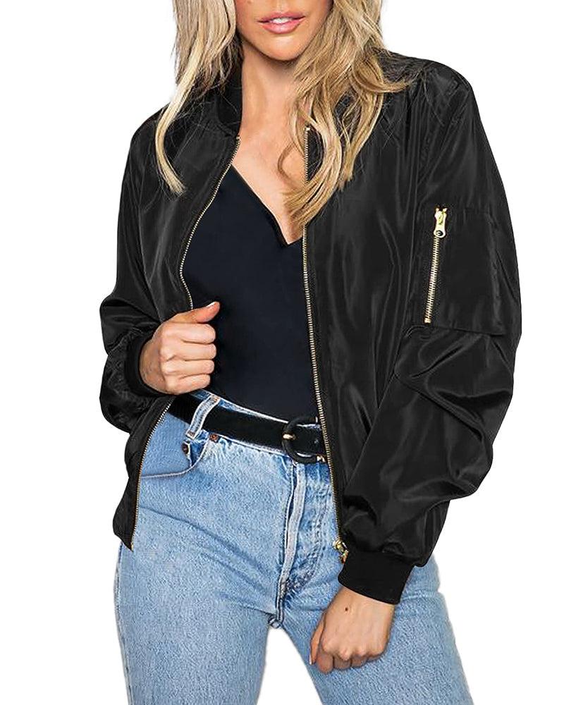 Women's Classic Bomber Jacket Casual Coat Zip Up Outerwear Windbreaker with Pockets - Zeagoo (Us Only)