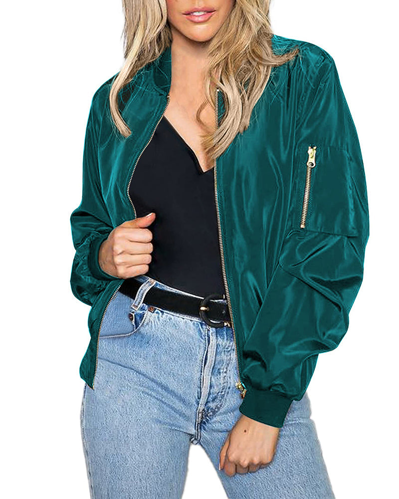Women's Classic Bomber Jacket Casual Coat Zip Up Outerwear Windbreaker with Pockets - Zeagoo (Us Only)