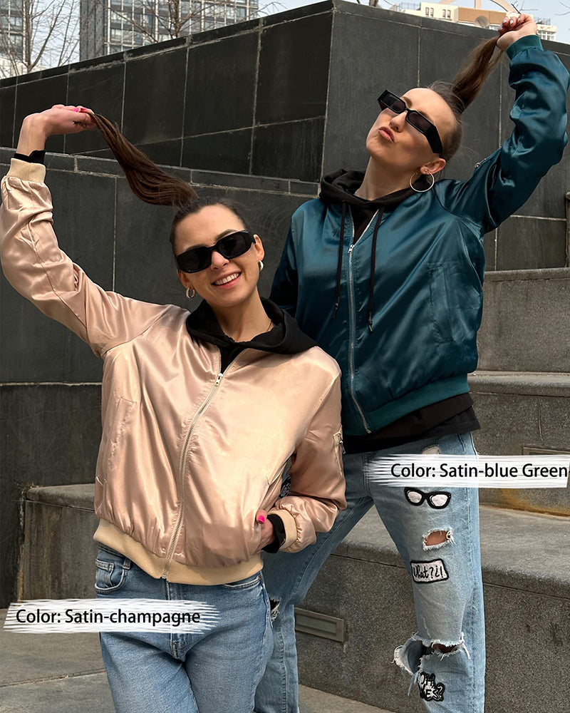 Women's Classic Bomber Jacket Casual Coat Zip Up Outerwear Windbreaker with Pockets - Zeagoo (Us Only)
