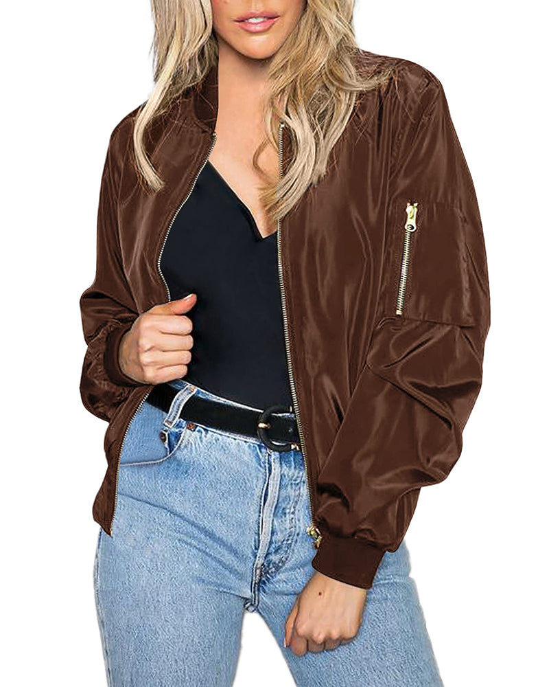 Women's Classic Bomber Jacket Casual Coat Zip Up Outerwear Windbreaker with Pockets - Zeagoo (Us Only)