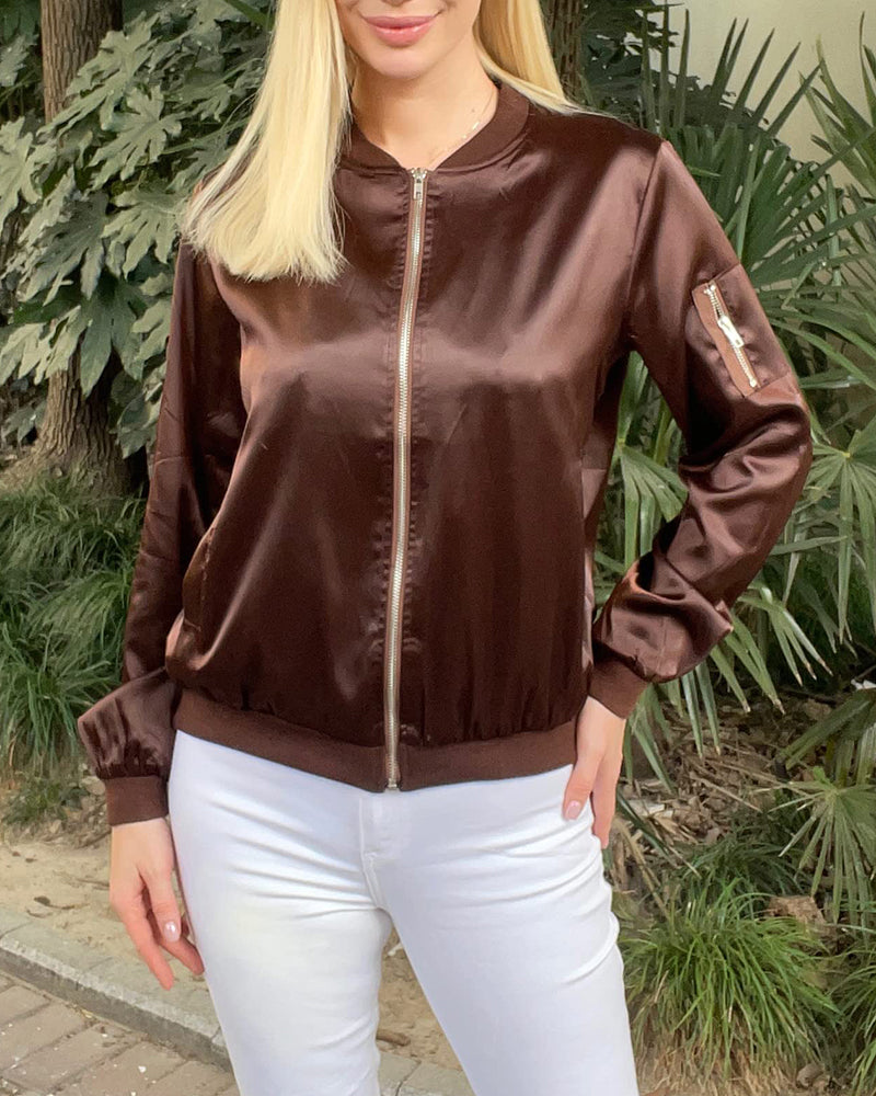 Women's Classic Bomber Jacket Casual Coat Zip Up Outerwear Windbreaker with Pockets - Zeagoo (Us Only)
