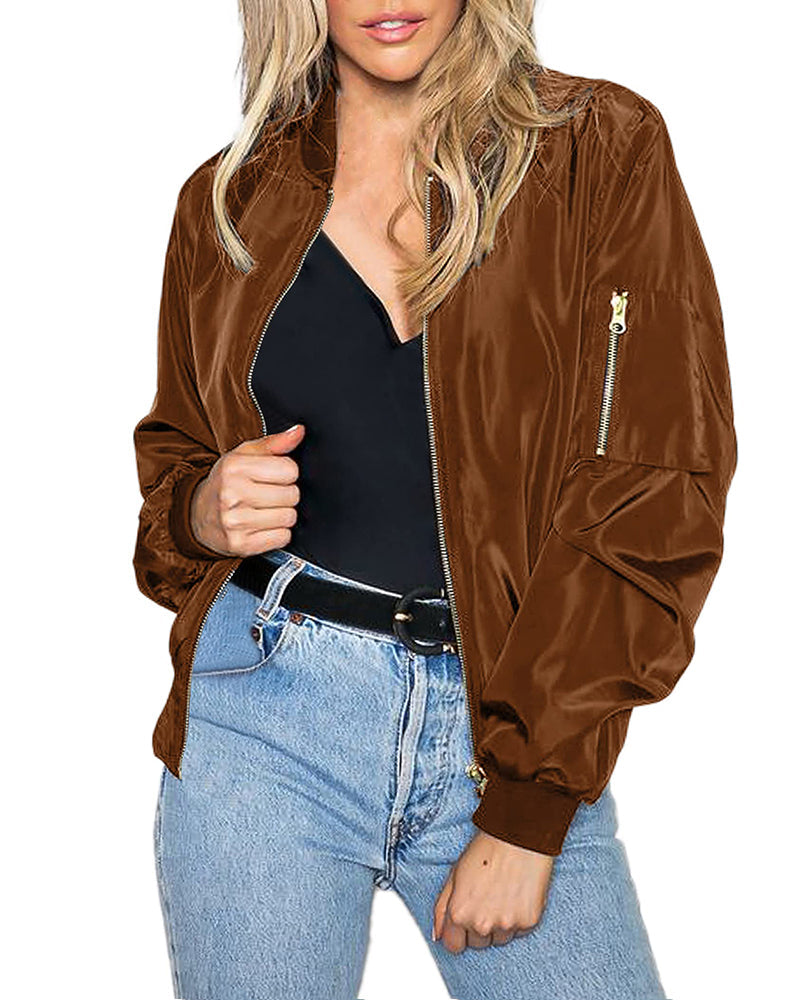 Women's Classic Bomber Jacket Casual Coat Zip Up Outerwear Windbreaker with Pockets - Zeagoo (Us Only)