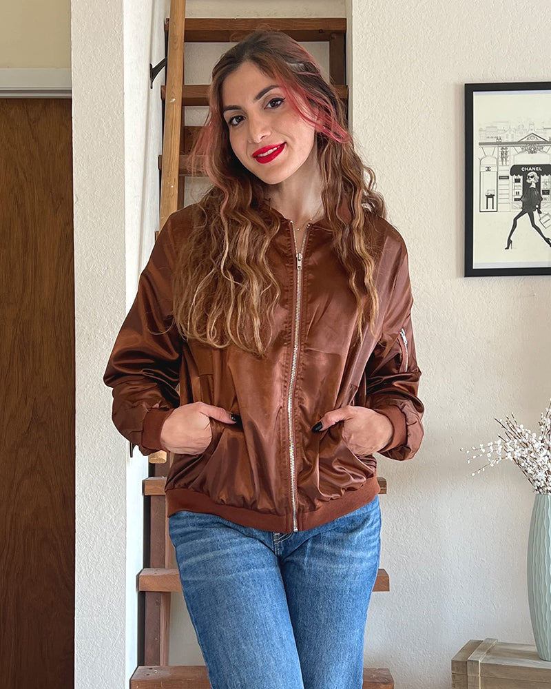 Women's Classic Bomber Jacket Casual Coat Zip Up Outerwear Windbreaker with Pockets - Zeagoo (Us Only)