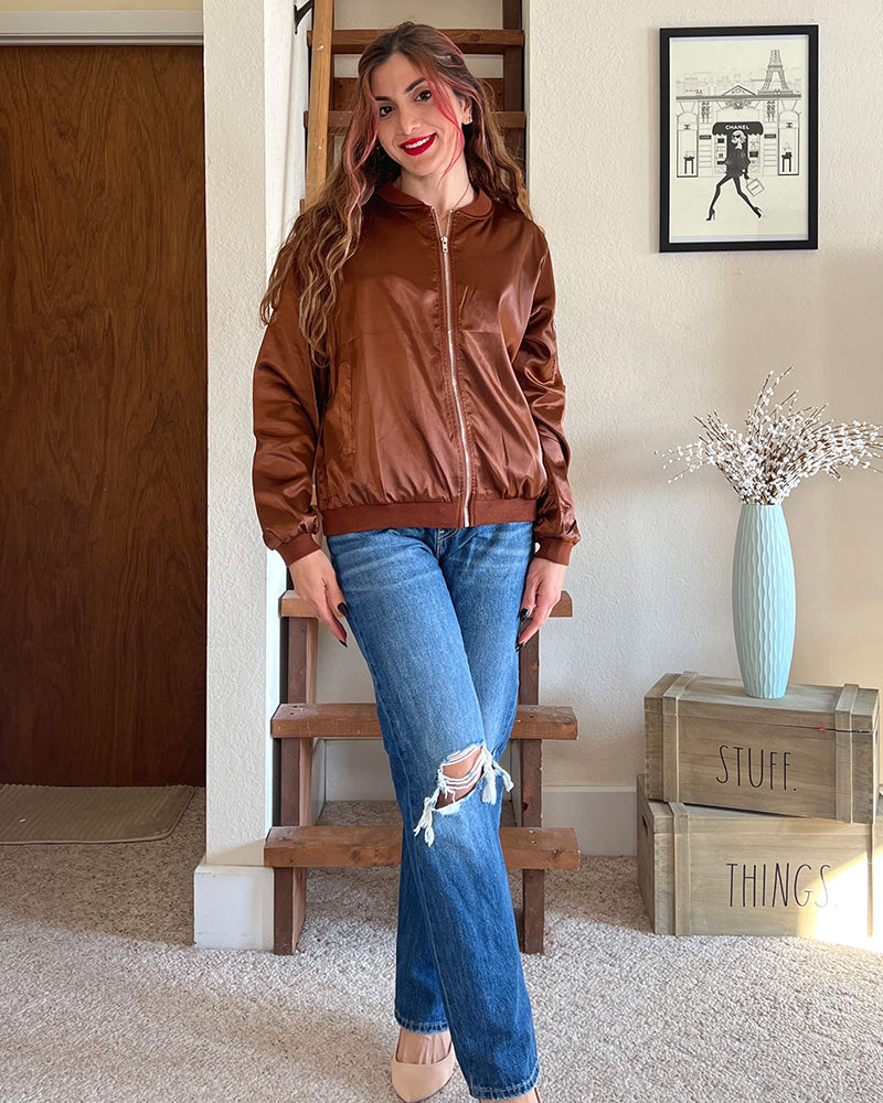Women's Classic Bomber Jacket Casual Coat Zip Up Outerwear Windbreaker with Pockets - Zeagoo (Us Only)