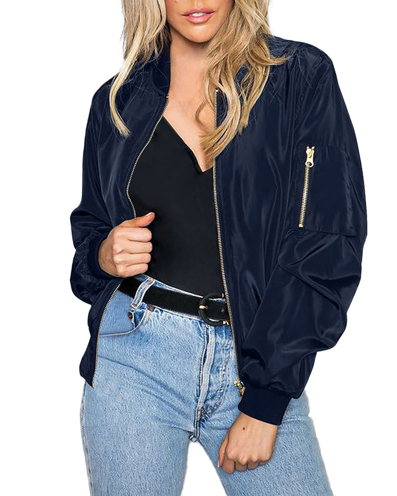 Women's Classic Bomber Jacket Casual Coat Zip Up Outerwear Windbreaker with Pockets - Zeagoo (Us Only)