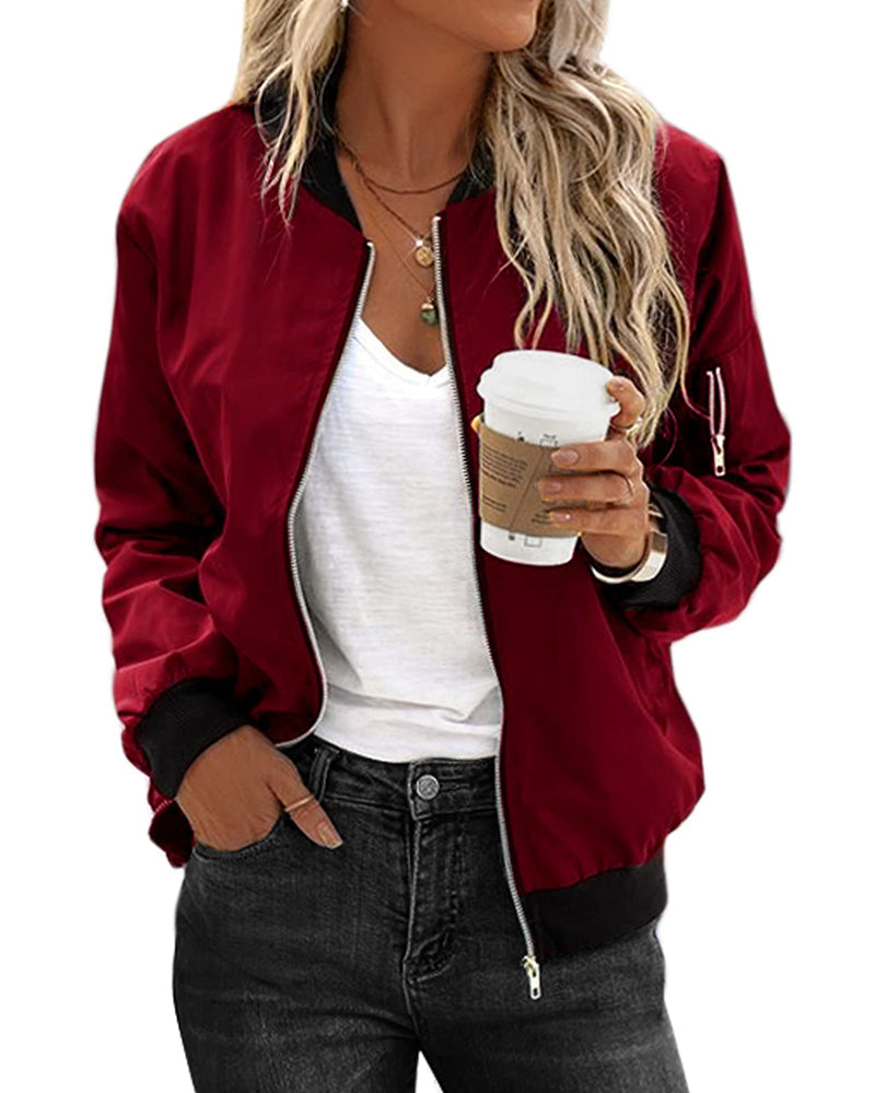 Women's Classic Bomber Jacket Casual Coat Zip Up Outerwear Windbreaker with Pockets - Zeagoo (Us Only)