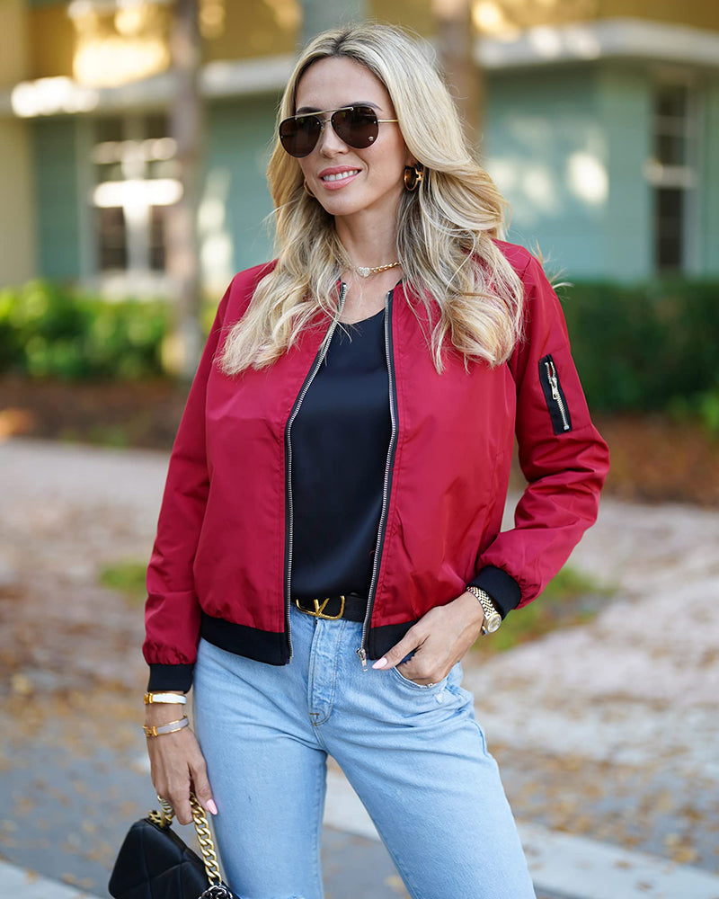 Women's Classic Bomber Jacket Casual Coat Zip Up Outerwear Windbreaker with Pockets - Zeagoo (Us Only)