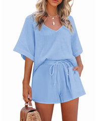 Women's 2 Piece Cotton Linen Tracksuit Short Sleeve Casual Shorts Set V Neck Beach Outfits - Zeagoo (Us Only)