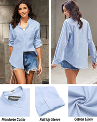 Women Cotton Linen Shirts Beach V Neck Roll Up Sleeve Button Down Blouses Shirts Summer Casual Dress Tops - Zeagoo (Us Only)