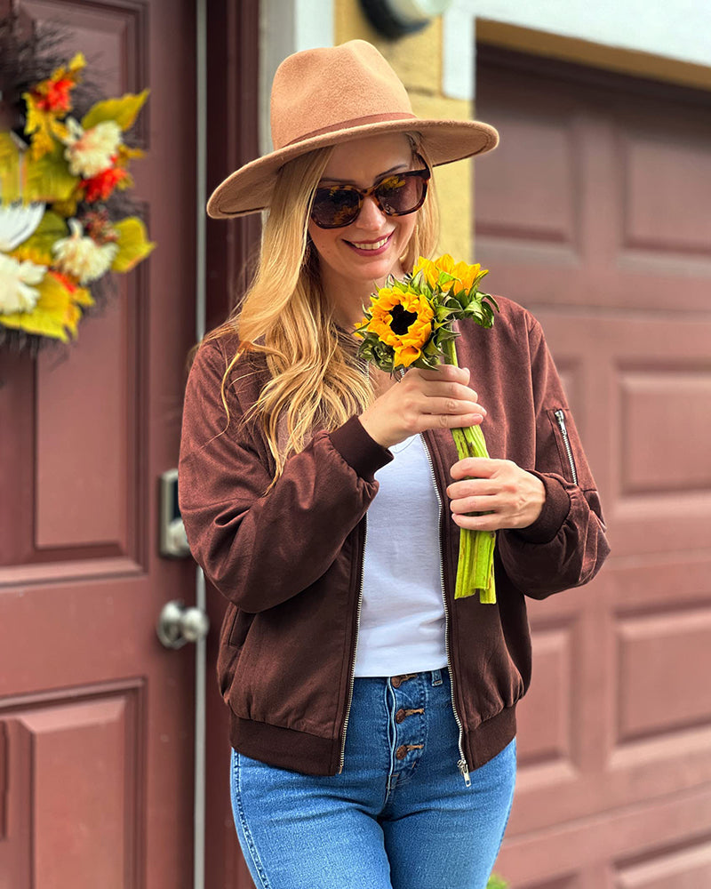 Faux Bomber Zip Up Lightweight Jacket Coat with Pockets - Zeagoo (Us Only)