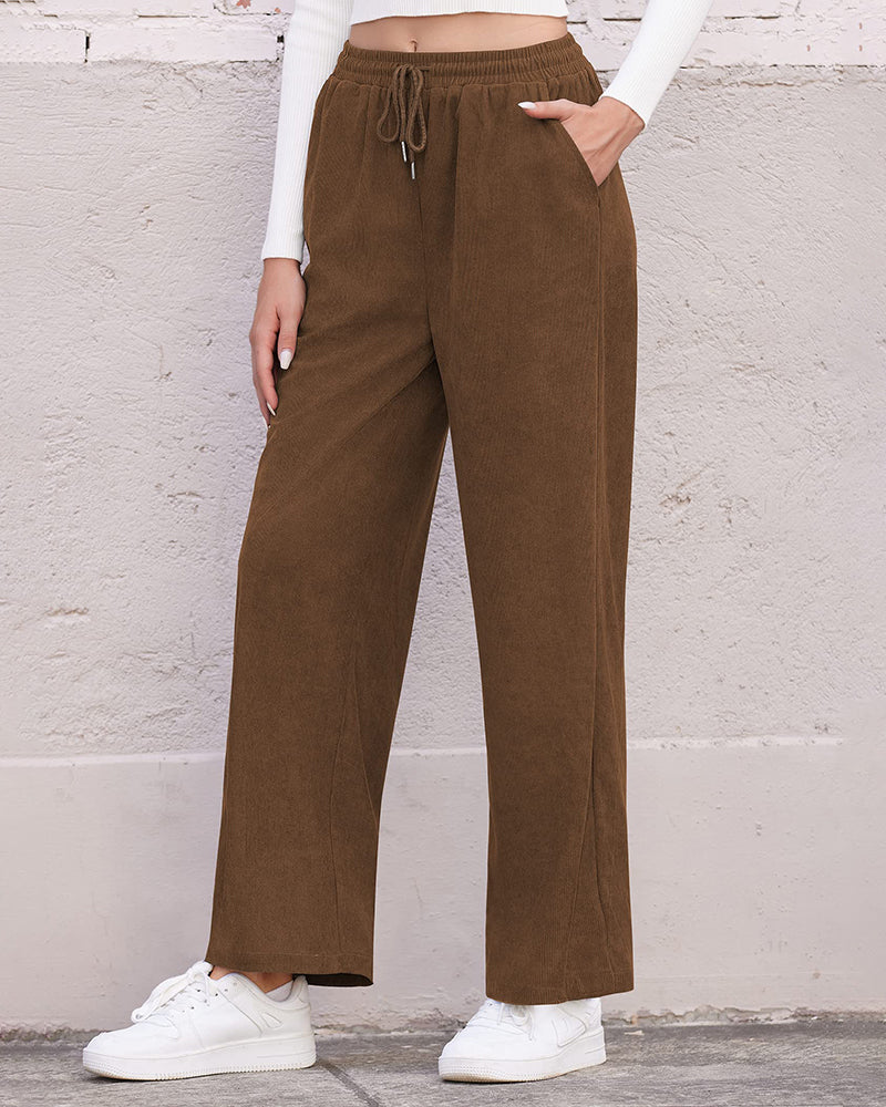 Womens Corduroy Pants Elastic Waist Drawstring Long Pants Casual Loose Straight Leg Trousers with Pockets - Zeagoo (Us Only)