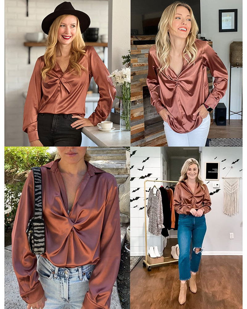 Satin V Neck Twist Front Silk Shirts - Zeagoo (Us Only)