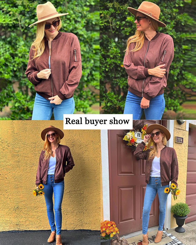 Faux Bomber Zip Up Lightweight Jacket Coat with Pockets - Zeagoo (Us Only)