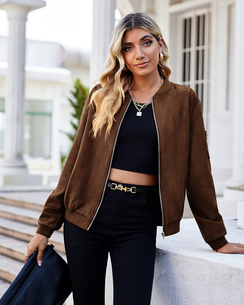 Faux Bomber Zip Up Lightweight Jacket Coat with Pockets - Zeagoo (Us Only)