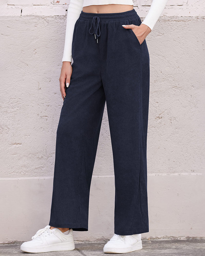 Womens Corduroy Pants Elastic Waist Drawstring Long Pants Casual Loose Straight Leg Trousers with Pockets - Zeagoo (Us Only)