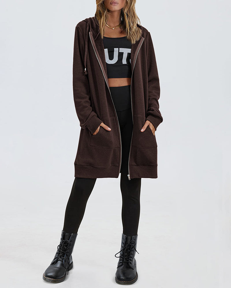 Women Zip Up Hoodies Long Fleece Jacket Lightweight Tunic Hooded Sweatshirt Oversize Winter Coat With Pockets - Zeagoo (Us Only)