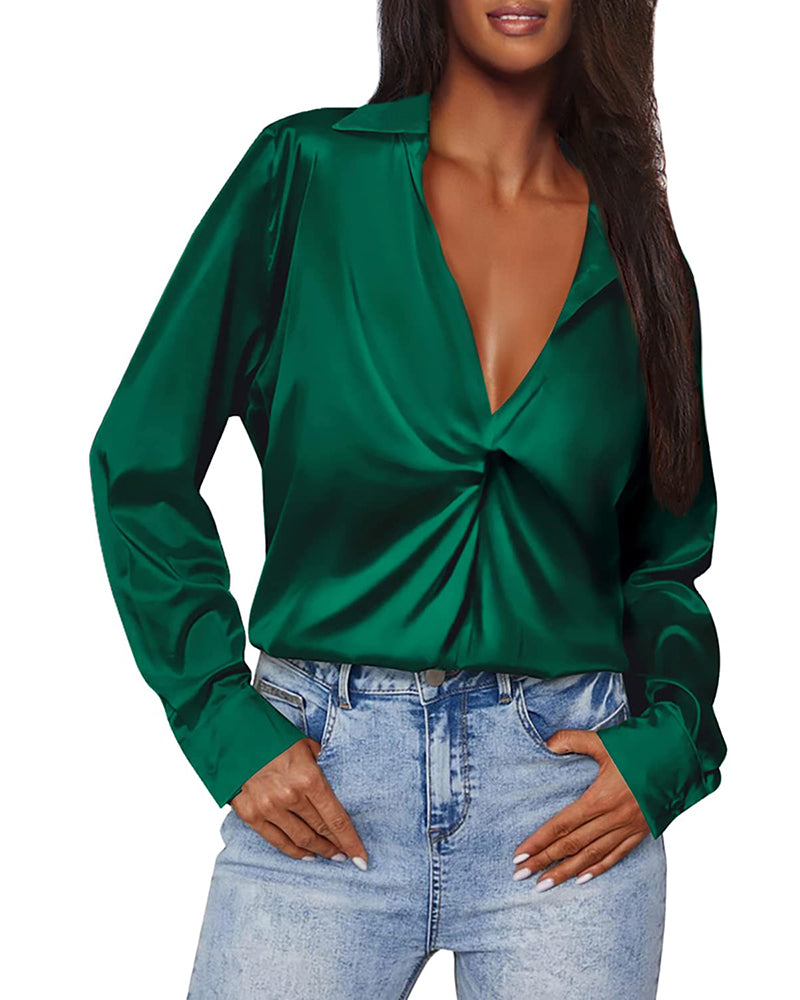 Satin V Neck Twist Front Silk Shirts - Zeagoo (Us Only)