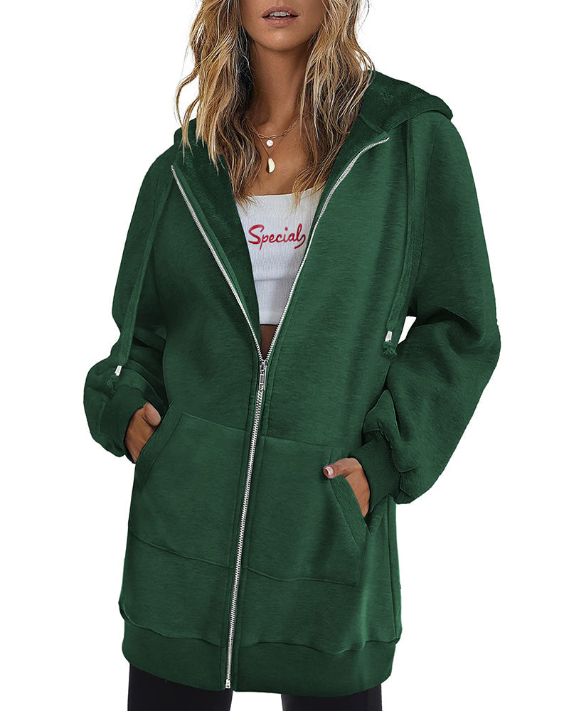 Women Zip Up Hoodies Long Fleece Jacket Lightweight Tunic Hooded Sweatshirt Oversize Winter Coat With Pockets - Zeagoo (Us Only)