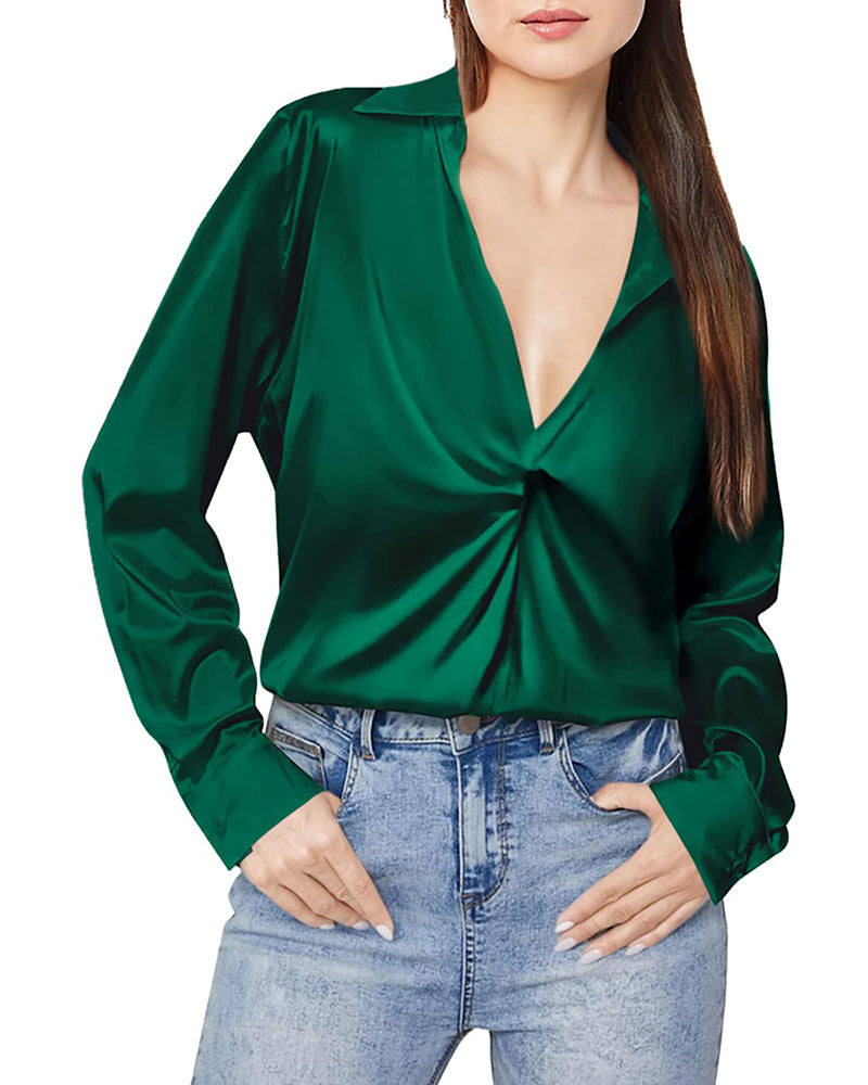 Satin V Neck Twist Front Silk Shirts - Zeagoo (Us Only)