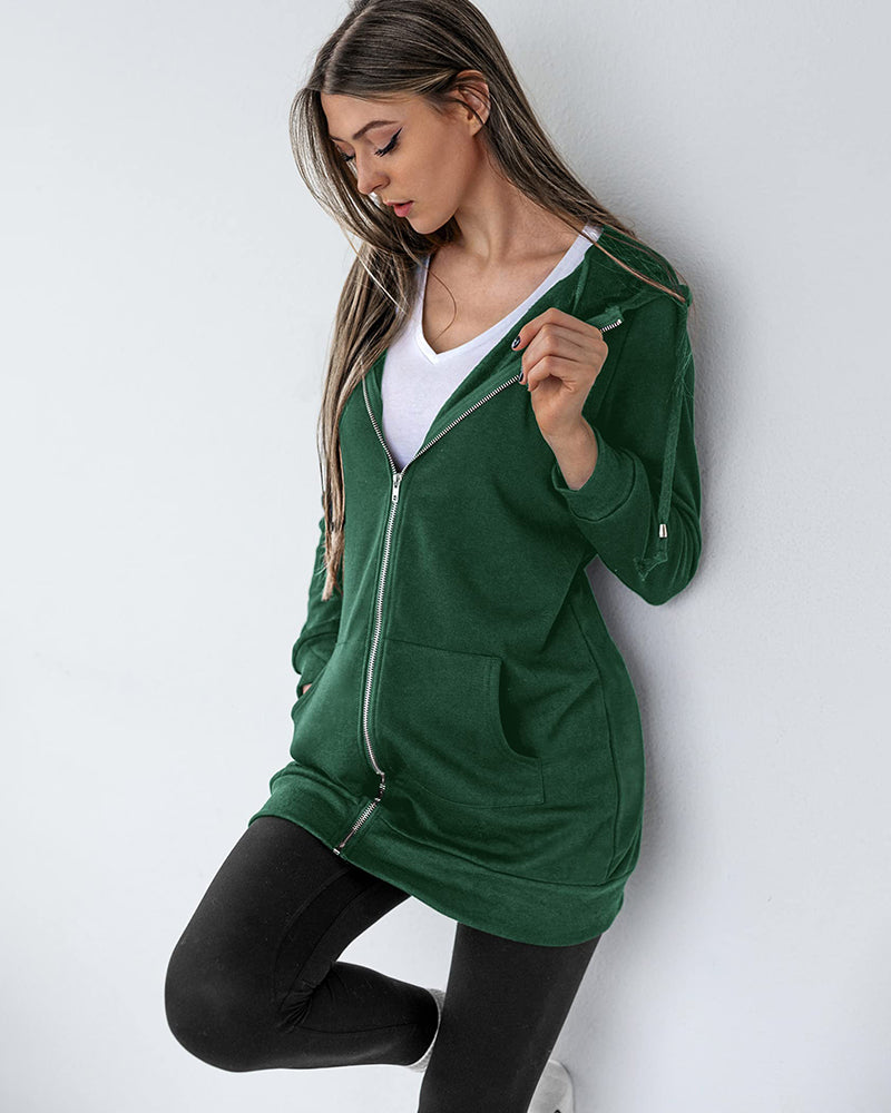 Women Zip Up Hoodies Long Fleece Jacket Lightweight Tunic Hooded Sweatshirt Oversize Winter Coat With Pockets - Zeagoo (Us Only)