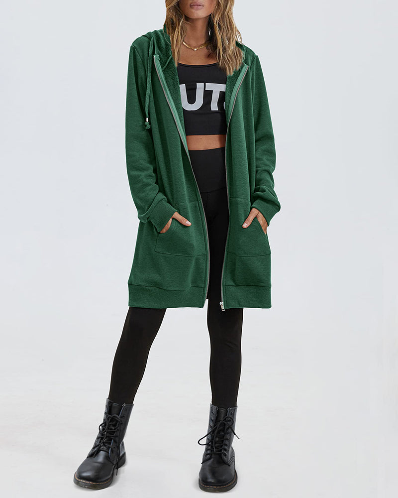 Women Zip Up Hoodies Long Fleece Jacket Lightweight Tunic Hooded Sweatshirt Oversize Winter Coat With Pockets - Zeagoo (Us Only)