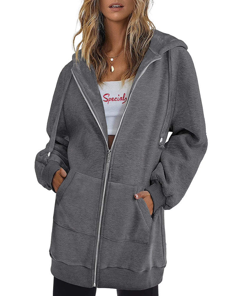 Women Zip Up Hoodies Long Fleece Jacket Lightweight Tunic Hooded Sweatshirt Oversize Winter Coat With Pockets - Zeagoo (Us Only)