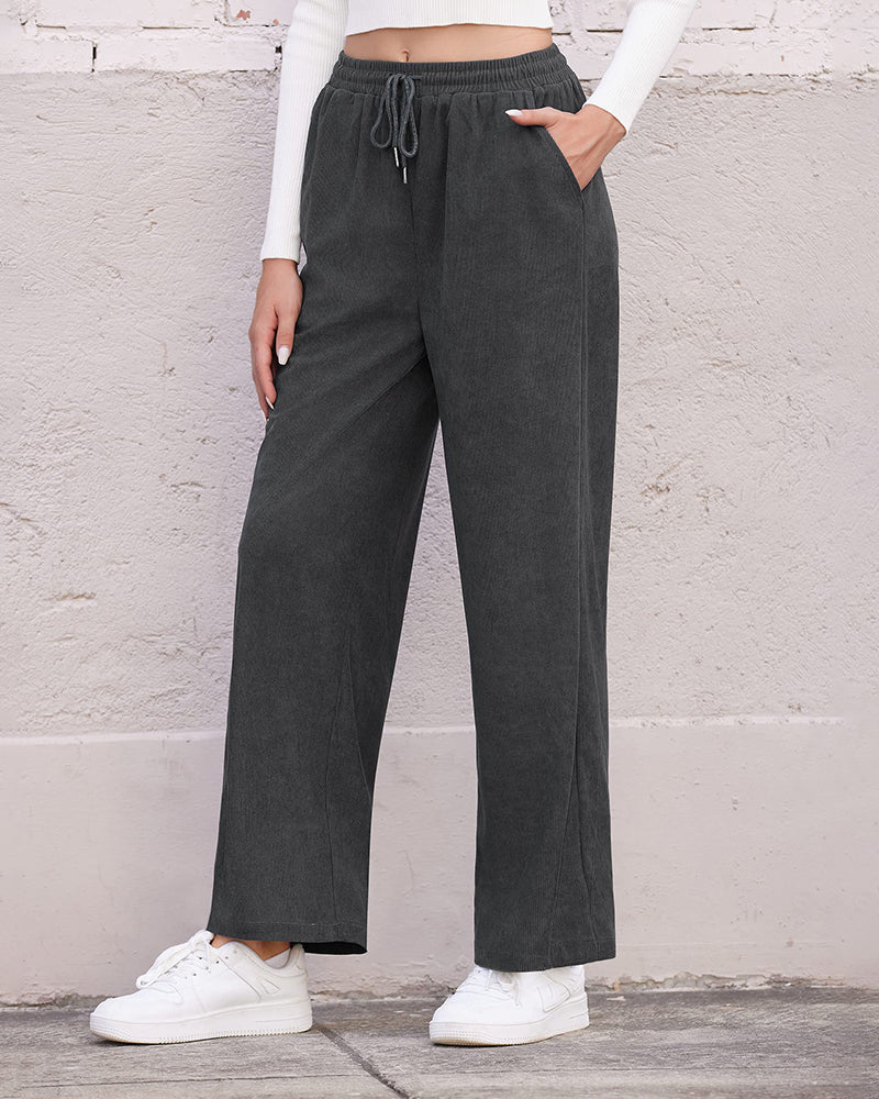 Womens Corduroy Pants Elastic Waist Drawstring Long Pants Casual Loose Straight Leg Trousers with Pockets - Zeagoo (Us Only)