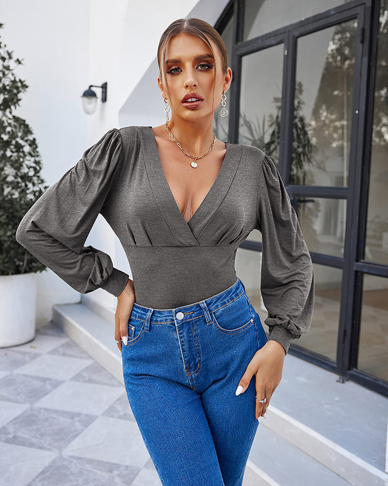 Women Sexy Bodysuits Long Sleeve V Neck Jumpsuits Tops Leotard Shirts - Zeagoo (Us Only)