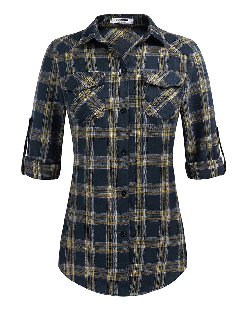 Long/Roll Up Sleeve Cotton Plaid Shirts - Zeagoo (Us Only)