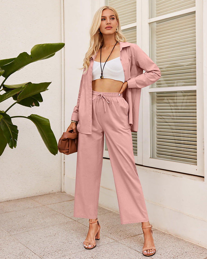 Women 2 Piece Linen Sets Button Down Linen Shirts Summer Loose Long Pants Vacation Beach Outfits - Zeagoo (Us Only)