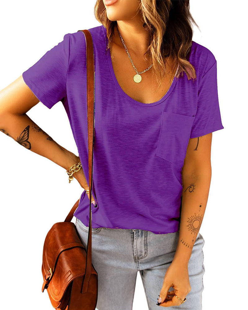 Women's Scoop Neck Short Sleeve Tees Chest Pocket T Shirt Summer Blouses Tops - Zeagoo (Us Only)