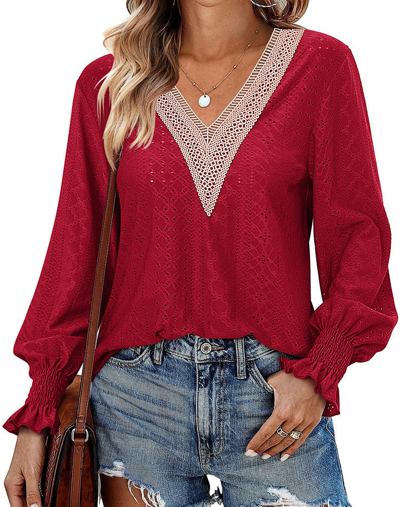 Zeagoo Casual Lace V Neck T-Shirts for Women 2023 Dressy Smocked Puff Long Sleeve Tops Eyelet Loose Tunic Blouses