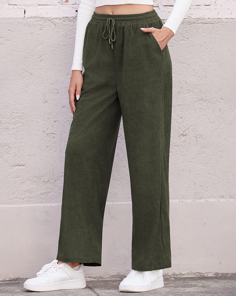 Womens Corduroy Pants Elastic Waist Drawstring Long Pants Casual Loose Straight Leg Trousers with Pockets - Zeagoo (Us Only)