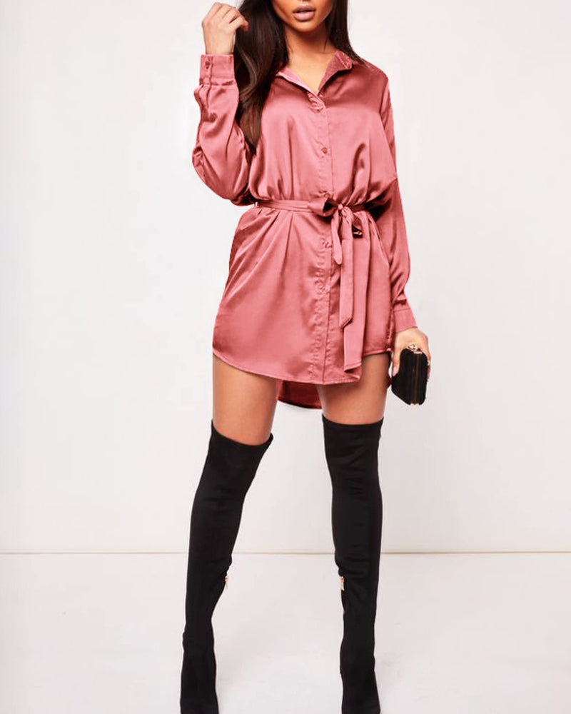 Long Sleeve Satin Shirt Dress with Button Down Tie Waist Mini Party Dress - Zeagoo (Us Only)