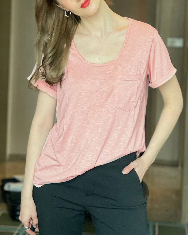 Women's Scoop Neck Short Sleeve Tees Chest Pocket T Shirt Summer Blouses Tops - Zeagoo (Us Only)