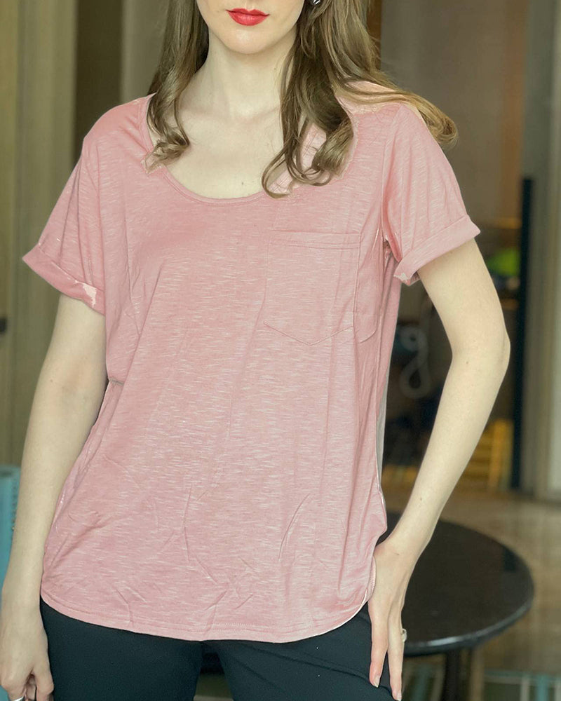 Women's Scoop Neck Short Sleeve Tees Chest Pocket T Shirt Summer Blouses Tops - Zeagoo (Us Only)
