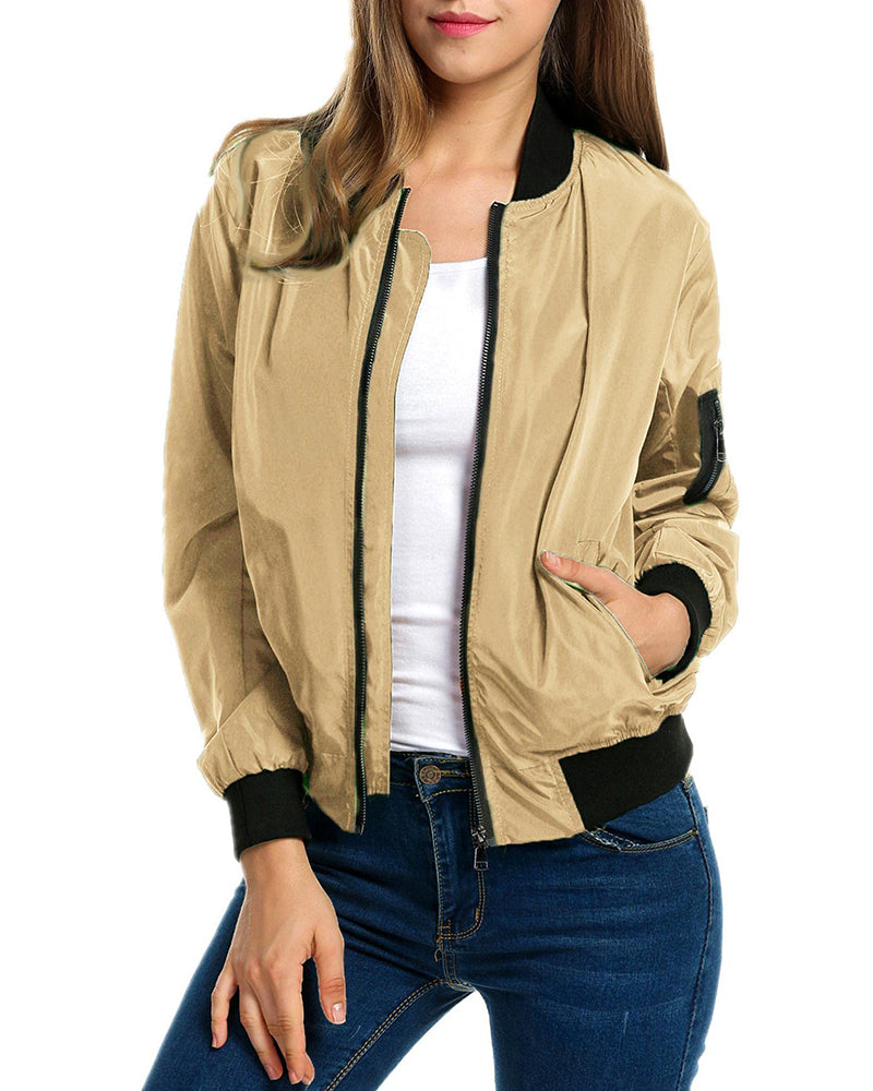 Women Classic Solid Biker Jacket Zip Up Bomber Jacket - Zeagoo (Us Only)